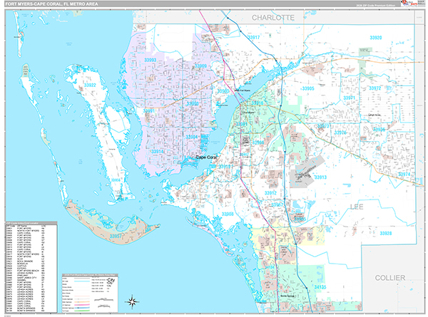Fort Myers-Cape Coral Metro Area Zip Code Wall Map